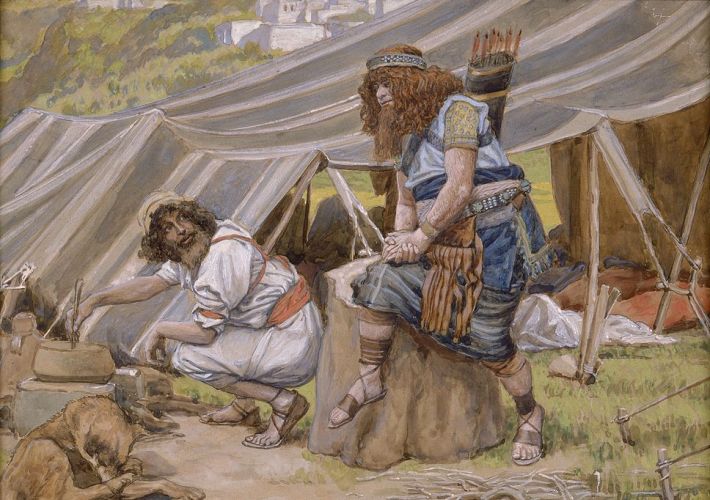 Jacob serving pottage to his brother